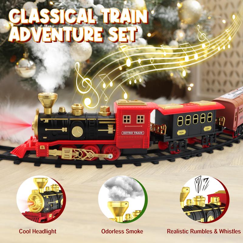 Interactive Steam Train Set, Realistic Smoke, Lights & Sounds Classic Electric Train Set, Holiday Decoration for Boys & Girls