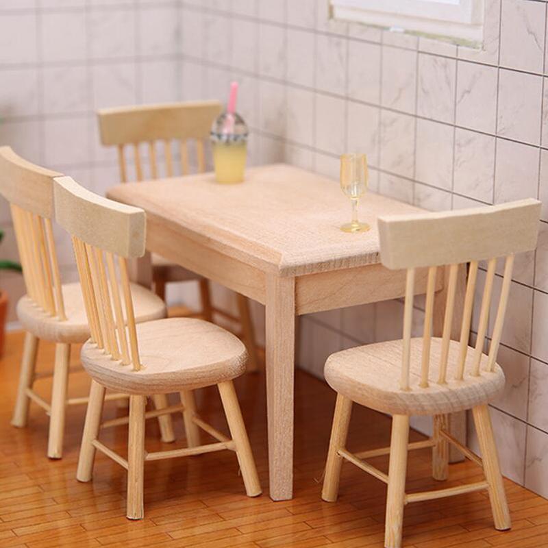 1 12 Miniature Dollhouse Furniture Wooden Dining Table Chair Simulation Toy