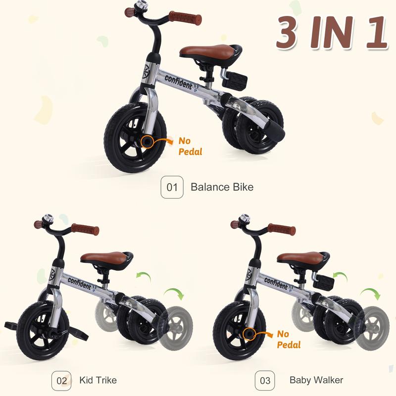 3 In 1 Kids Tricycles Gift For 2-5 Years Old Boy Girl, Foldable Toddler Tricycles With Detachable Pedal, Baby Balance Bike For Outdoor And Indoor