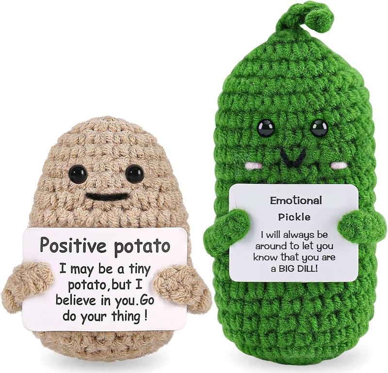 2PCS Positive Crochet Potato Pickle Birthday Gifts, Mom Dad Friend Gifts for Anniversary & Christmas Day, Cute Funny Emotional Positive Knitted Cucumber, Room Decors