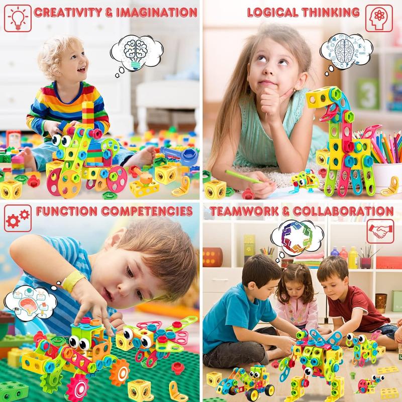 195 count Educational STEM Toys for Boys and Girls Ages 3 4 5 6 7 8 9 10 Construction Building Blocks Toy Building Sets Kids Toys Creative Activities Games with Storage Box