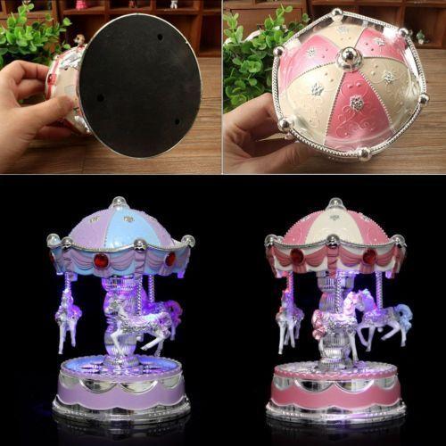 Vintage Horse Carousel Music Box Toy Light Clockwork Musical Birthday Gifts Pink