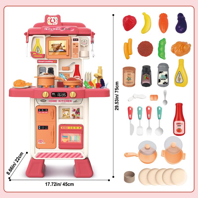 deAO Kitchen Playset Toy with Sounds and Lights Role Playing Game Pretend Food and Cooking Playset,35 PCS Kitchen Accessories Set