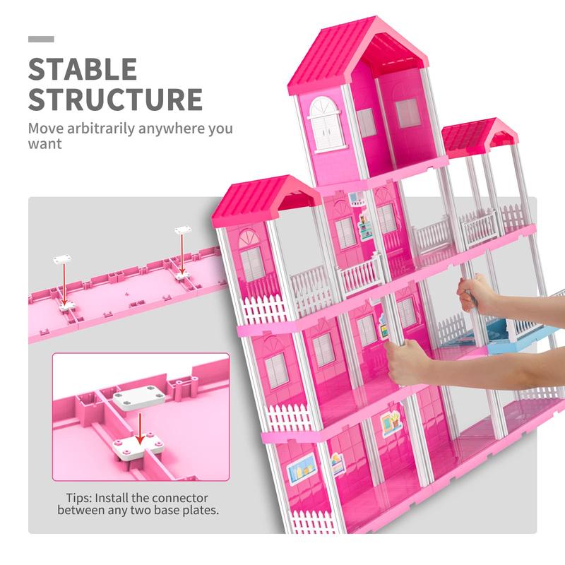 DollHouse with 2 Doll Toy Figures, 4-Story 10 Rooms Dollhouse with Accessories and Furniture, Dollhouse Kit Gift  Toys