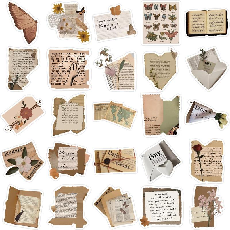 Vintage Fragment Copywriting Series Sticker, 50 Sheets Set Mixed Pattern Decorative Sticker For Gift Card Decoration DIY Craft