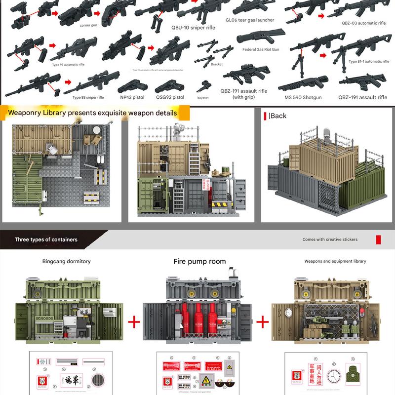 Military Building Blocks Weapon Equipment Warehouse Container Scene Soldier Warehouse Dormitory Fire-Pump Room Assembled Toys