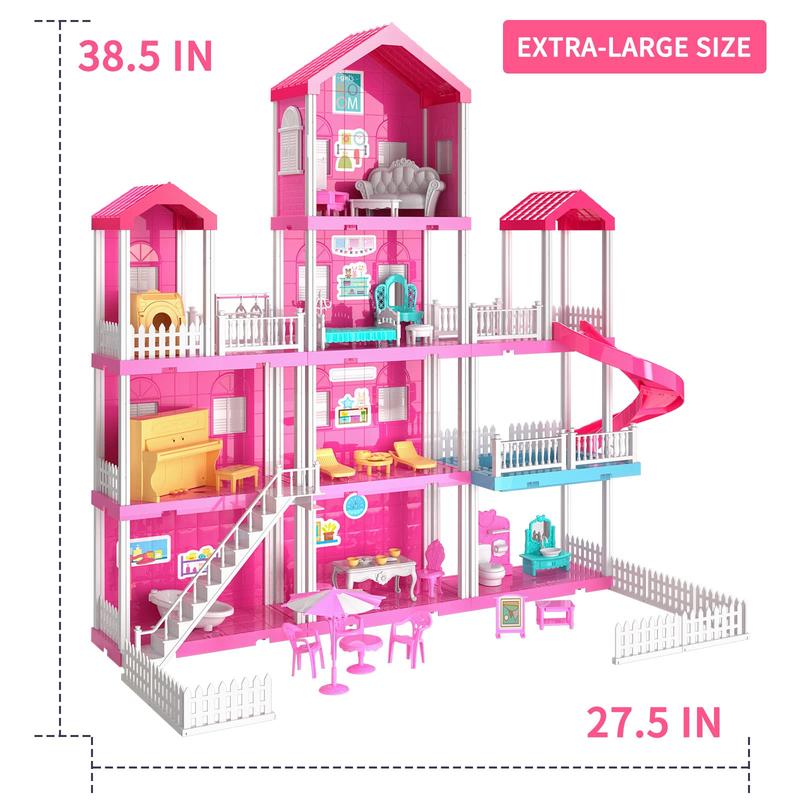 DollHouse with 2 Doll Toy Figures, 4-Story 10 Rooms Dollhouse with Accessories and Furniture, Dollhouse Kit Gift  Toys