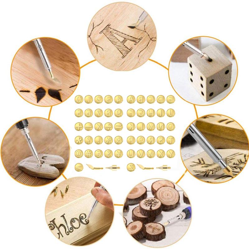 56 Counts Wood Burning Tip Set Letter Wood Burning Tool Including Alphabet Number Symbol Brass Alphabet Number Template for DIY Embossing Carving Craft Wood Burning