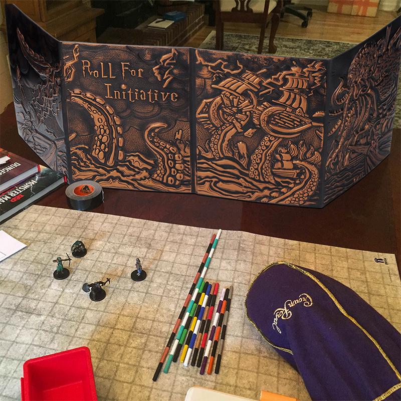 CZYY DND Dungeon Master Screen Four-Panel with Pockets, Faux Leather 3D Embossed with Cthulhu - Included DM Screen Inserts and Storage Case