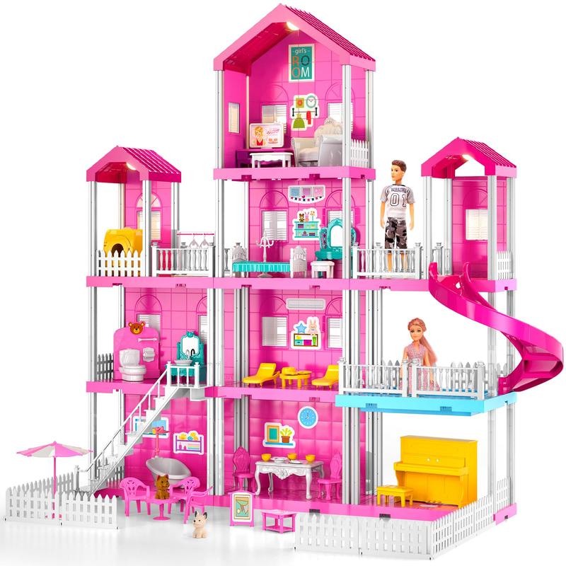 DollHouse with 2 Doll Toy Figures, 4-Story 10 Rooms Dollhouse with Accessories and Furniture, Dollhouse Kit Gift  Toys