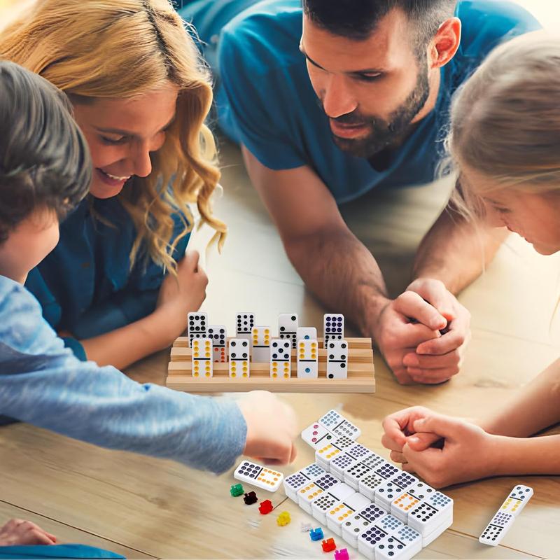 Mexican Train Dominoes Game Set with 4 Wooden Racks, Double 12 Colored Dot Dominoes with Update Hub, Travel Mexican Train Game with 91 Tiles and Portable Case, Family Board Team Games