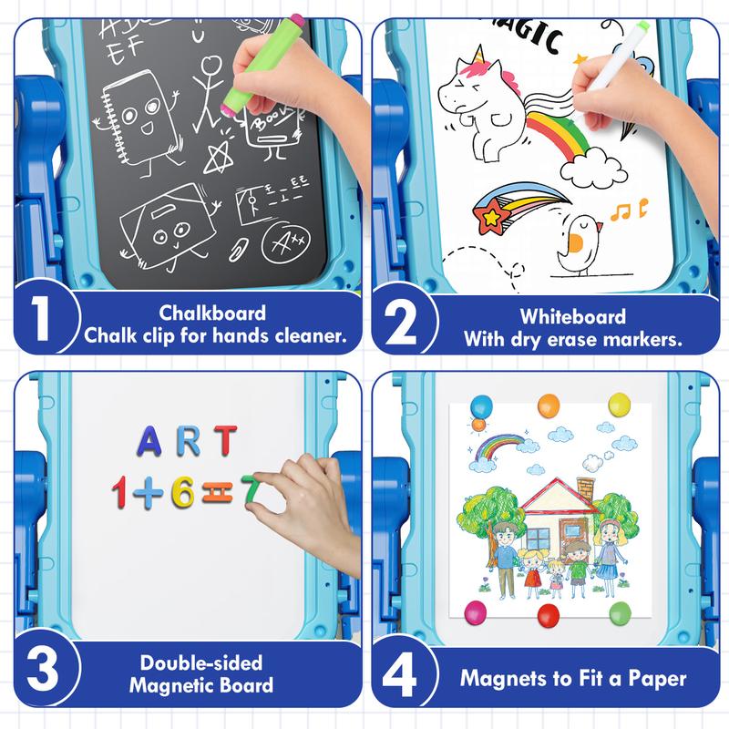 Double Sided Easel, 4 in 1 Kids Art Easel with Magnetic White Board & Chalk Board, Adjustable Standing Easel with Drawing & Writing Accessories, Educational Toy, Birthday Gift for Boys and Girls