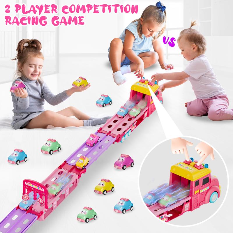 Car Toys for Age 2 3 4 5 6 7 Year Girl Toddler, Foldable Track & 2 Player Race Mode Game, Light & Sound Push Transport Carrier Truck W  6 Princess Car, Birthday Gift Idea for Kid