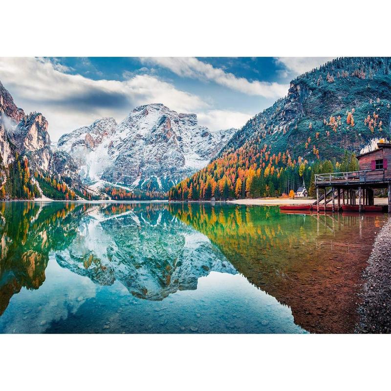 1000 piece puzzle for children and adults in the autumn nature park of the Italian Alps. Floor puzzle for children and adults