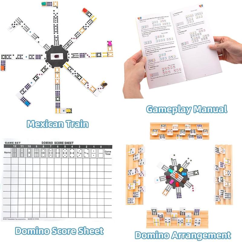 Mexican Train Dominoes Game Set with 4 Wooden Racks, Double 12 Colored Dot Dominoes with Update Hub, Travel Mexican Train Game with 91 Tiles and Portable Case, Family Board Team Games