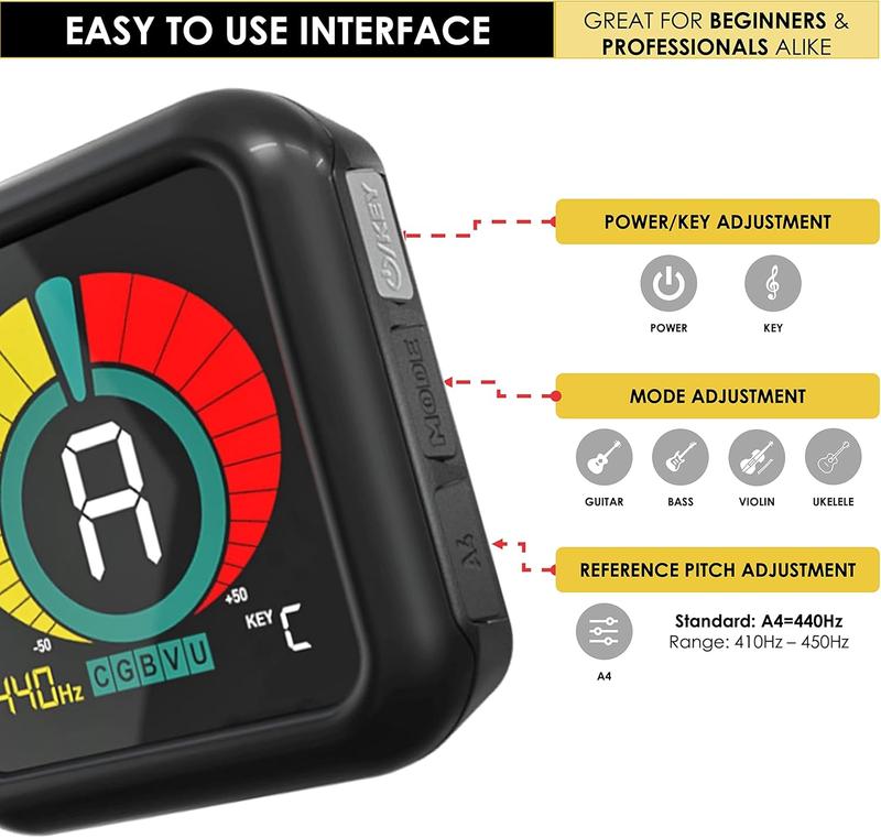 KLIQ UberTuner - Professional Clip-On Tuner for All Instruments (Multi-Key Modes) - Tuner for Guitar, Piano, Strings, Flute, and More