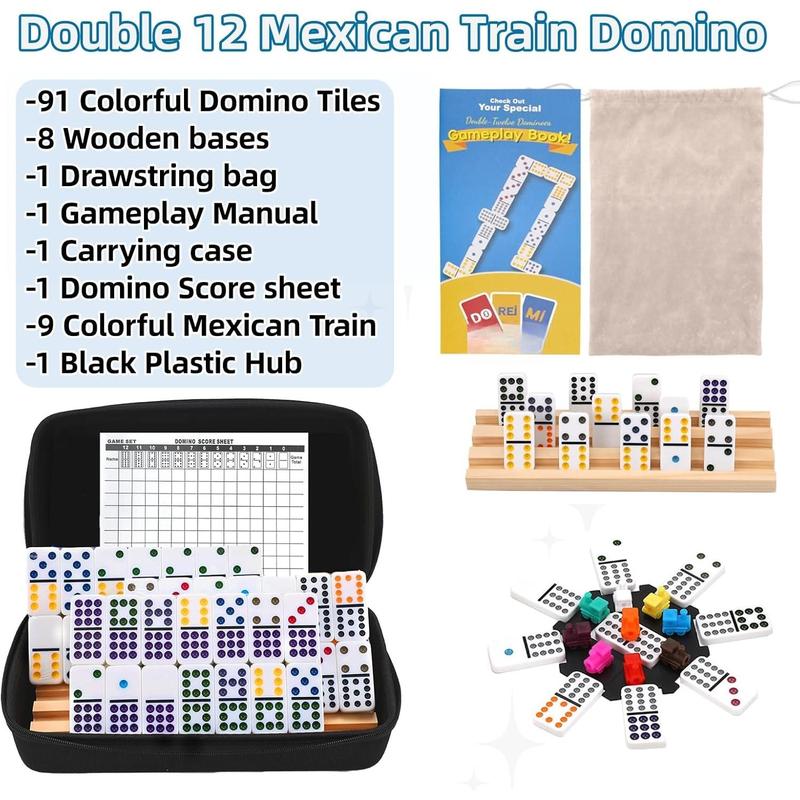 Mexican Train Dominoes Game Set with 4 Wooden Racks, Double 12 Colored Dot Dominoes with Update Hub, Travel Mexican Train Game with 91 Tiles and Portable Case, Family Board Team Games