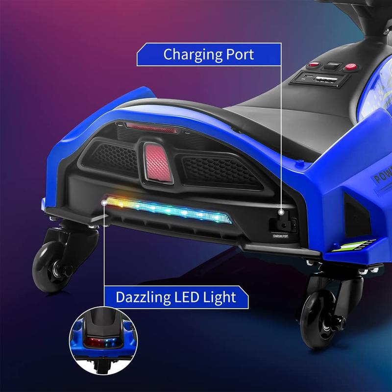 24V Electric Drifting Go-Kart for Youth with Variable Speed Up to 7.5 mph, Built-in Music, Colorful LED Lights, USB, and Low-Power Alarm (Multiple Colors Available)