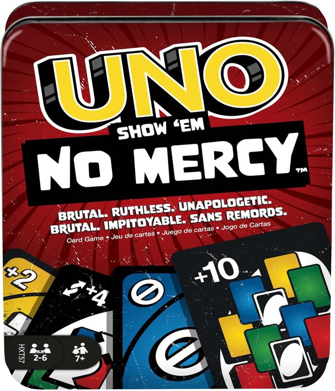 Mattel Games UNO Show ‘em No Mercy Card Game in Storage & Travel Tin for Kids, Adults & Family Night with Extra Cards, Special Rules & Tougher Penalties ( Exclusive)