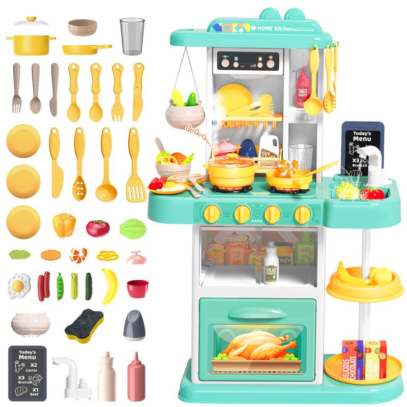 deAO Play Kitchen Toys, Kitchen Accessories, with Realistic Lights & Sounds, Simulation of Spray and Play Sink， Christmas Gift