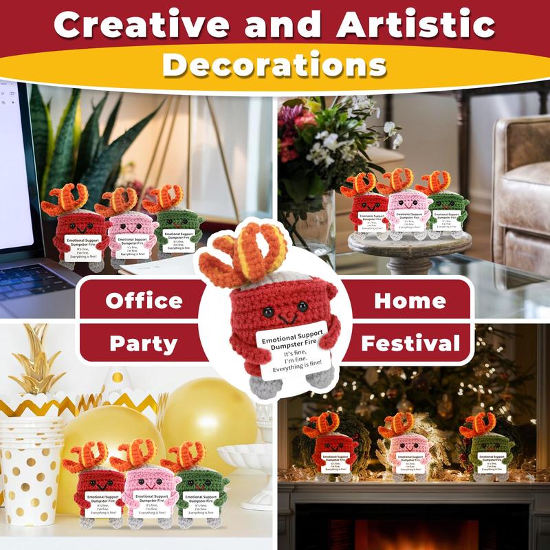 Creative Trash Can Flame Design Crochet Toy, 1 Count Emotional Support Dumpster Fire with Card, Festive Decorations for Home Office Desk