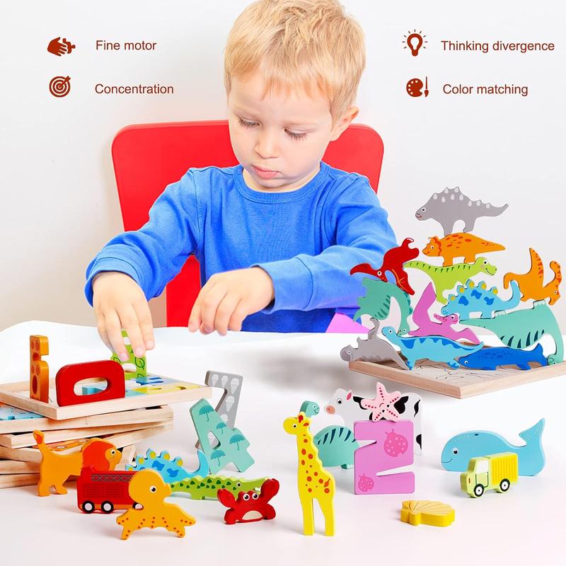 6 Packs Vehicles Animals Numbers Dinosaur Sorting & Stacking Toys Wooden Blocks and Puzzles for 3 4 5 Years Old Boys & Girls Birthday Holiday Montessori Gifts Toys for Kids