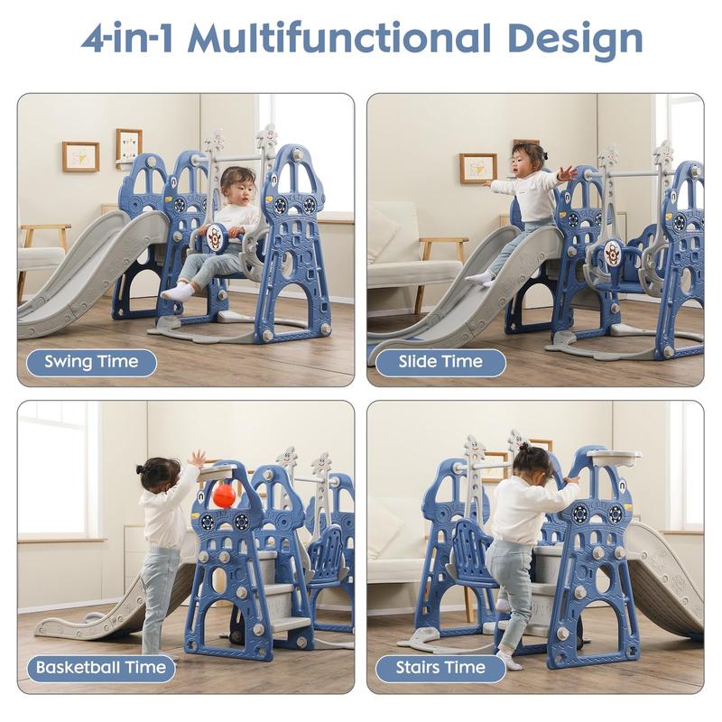 Toddler Slide and Swing Set 4 in 1 Toddler Playground with Swing Slide Climber and Basketball Baby Slide for Boys and Girls Backyard Playsets for Kids Indoor and Outdoor Blue