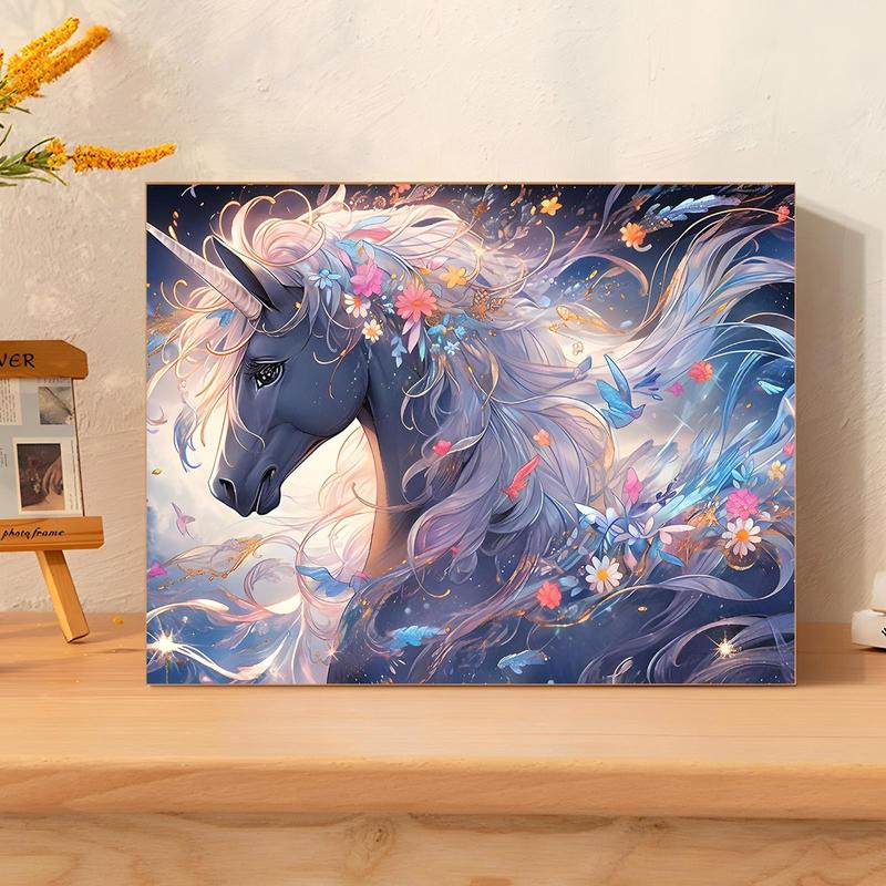 Unicorn Horse & Flower Pattern Paint By Number, 1 Set DIY Digital Oil Painting Kit on Canvas with Brush and Acrylic Pigment, Home Wall Decor (Frameless)