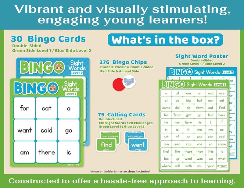 Sight Words Bingo Game for Kindergarten, Learn to Read Sight Word Cards, Word  for Kids Ages 4-8, Bingo Sight Words Level 1&2