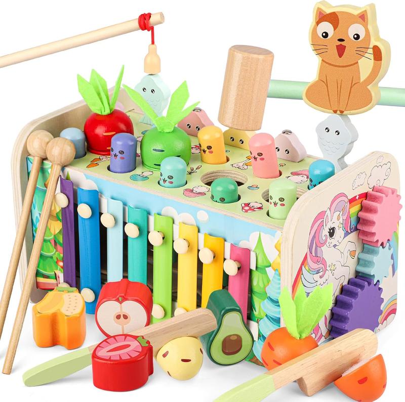 10 in 1 Montessori Toys for 1+ Year Old Wooden Hammering Pounding Unicorn Toy with Whack A Mole Xylophone Fishing