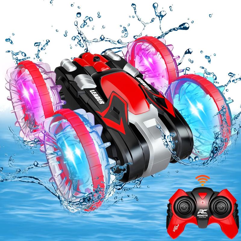 Toys for 5-12 Year Old Boys Amphibious RC Car for Kids 2.4 GHz Remote Control Boat Waterproof RC Stunt Car Truck with LED Lights 4WD Remote Control Car Boy Girl Gifts All Terrain Water Beach Pool Toy