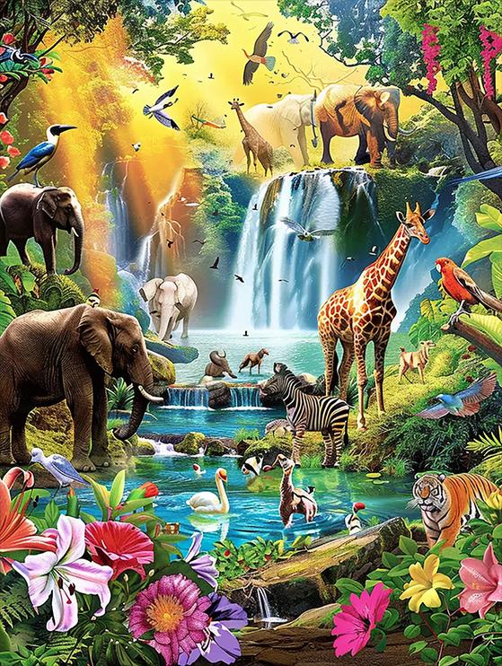 Animal Park Waterfall Diamond Painting Kits for Adults, Funny Animals 5D DIY Diamond Art Kits Full Drill Diamond for Gift Wall Decor Gem Arts