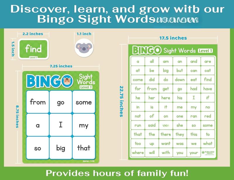 Sight Words Bingo Game for Kindergarten, Learn to Read Sight Word Cards, Word  for Kids Ages 4-8, Bingo Sight Words Level 1&2