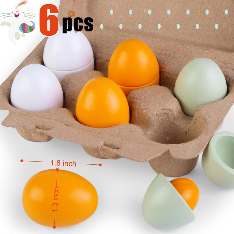 6 Pieces Wooden Toy Eggs, Kids Fake Eggs Toy Kitchen Pretend Food Set, Toy Easter Egg Gifts for Boys Girls Children