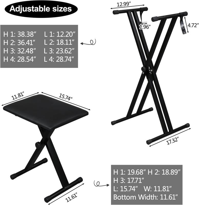 Ktaxon Double X Keyboard Stand and Bench Set, Adjustable Height Digital Piano Stand with Lockable Straps for 49 61 76 88 Keys