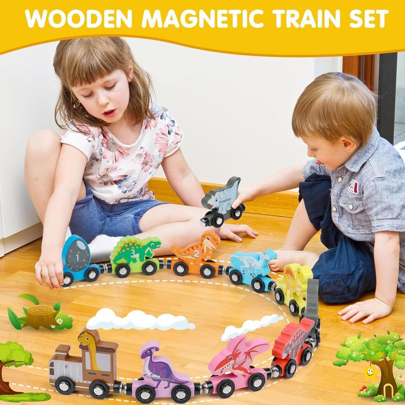 10-Piece Magnetic Wooden Dinosaur Train Set – STEM Educational Toys with Magnetic Dinosaur Number Train – Montessori Learning Gift for Toddlers 3+