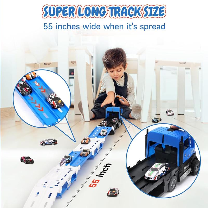 Big Transporter Truck Blue Toy Cars for Toddlers 3-5 with 55-Inch Ejection Race Track, Deform Catapulting and Shooting Folding Storage Car Carrier with 6 Race Cars for Kids Ages 3-5, 4-8