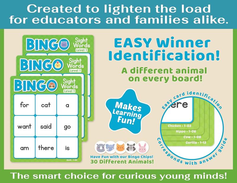 Sight Words Bingo Game for Kindergarten, Learn to Read Sight Word Cards, Word  for Kids Ages 4-8, Bingo Sight Words Level 1&2