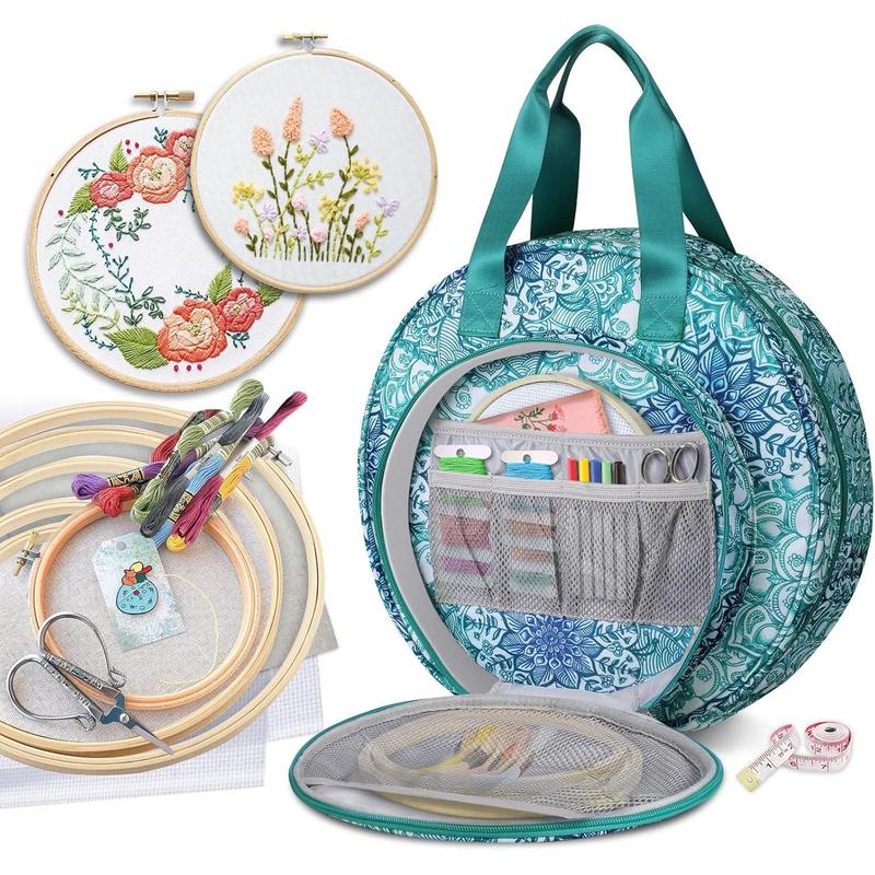 Embroidery Project Bag, Embroidery Supplies Storage Carrying Tote Case with Multiple Pockets for Embroidery Floss, Embroidery Hoops, Thread, Stitch Tools Kit [Bag Only] ( Illusions)