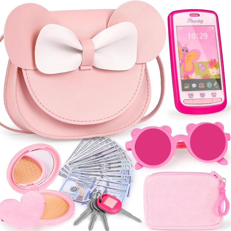 CHRISTMAS GIFTS Play Purse for Little Girls, Toddler Purse with Pretend Makeup for Kids, Princess Toys Includes Crossbody Bag, Phone, Wallet, Keys