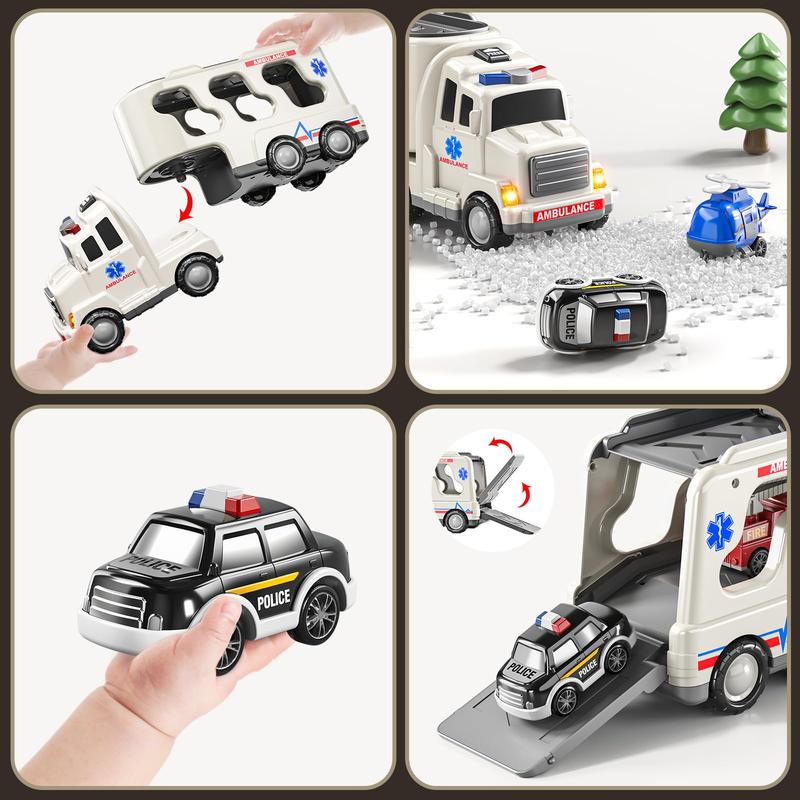 5 Pack Emergency Rescue Vehicle Truck Toys , Friction Power Cars with Rescue Helicopter, Police Car, Fire Truck, Ambulance Car, Birthday Gifts