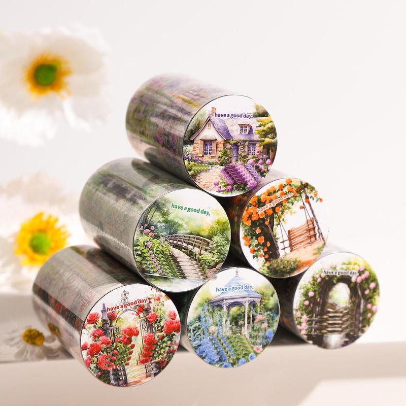 Garden Themed Washi Tape, 1 Roll Romantic Flower & Fence & Bench Pattern Decorative Tape, DIY Decorative Sticker for Scrapbooking & Journal Making