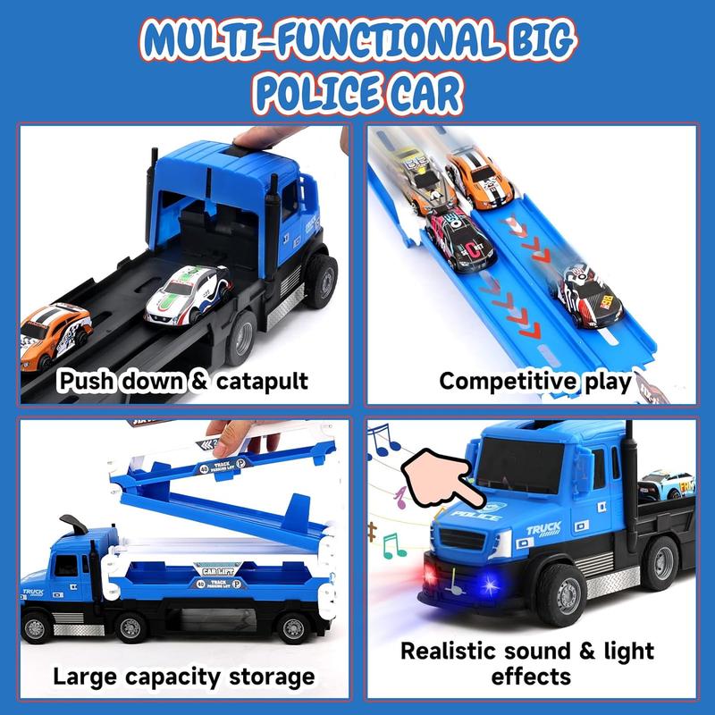 Big Transporter Truck Blue Toy Cars for Toddlers 3-5 with 55-Inch Ejection Race Track, Deform Catapulting and Shooting Folding Storage Car Carrier with 6 Race Cars for Kids Ages 3-5, 4-8