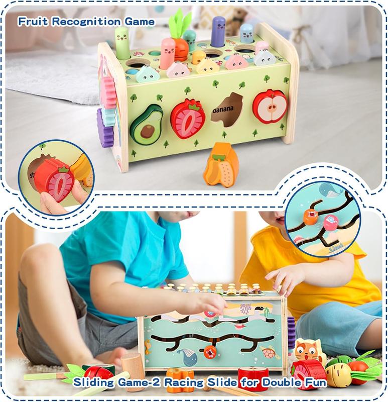 10 in 1 Montessori Toys for 1+ Year Old Wooden Hammering Pounding Unicorn Toy with Whack A Mole Xylophone Fishing