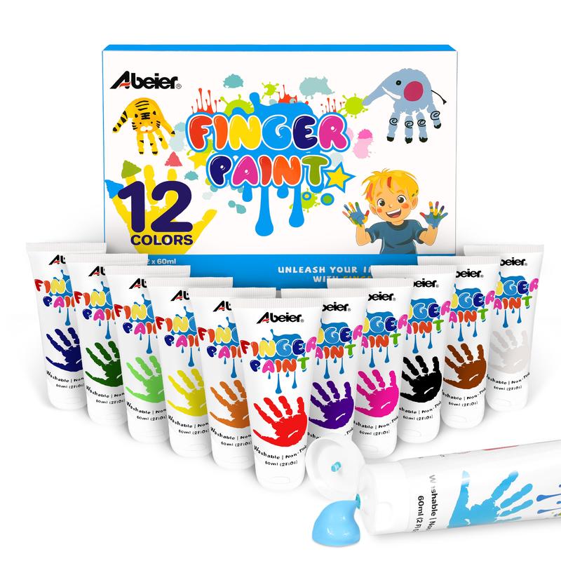 ABEIER Washable Finger Paint for Toddlers, Safe Non-Toxic, 12 Vibrant Colors (1.21fl oz), Baby Safe Paint for Hand and Feet, Mess Free Art Supplies for Kids, Preschool Learning Gifts, Ages 1-3 4 5 6+