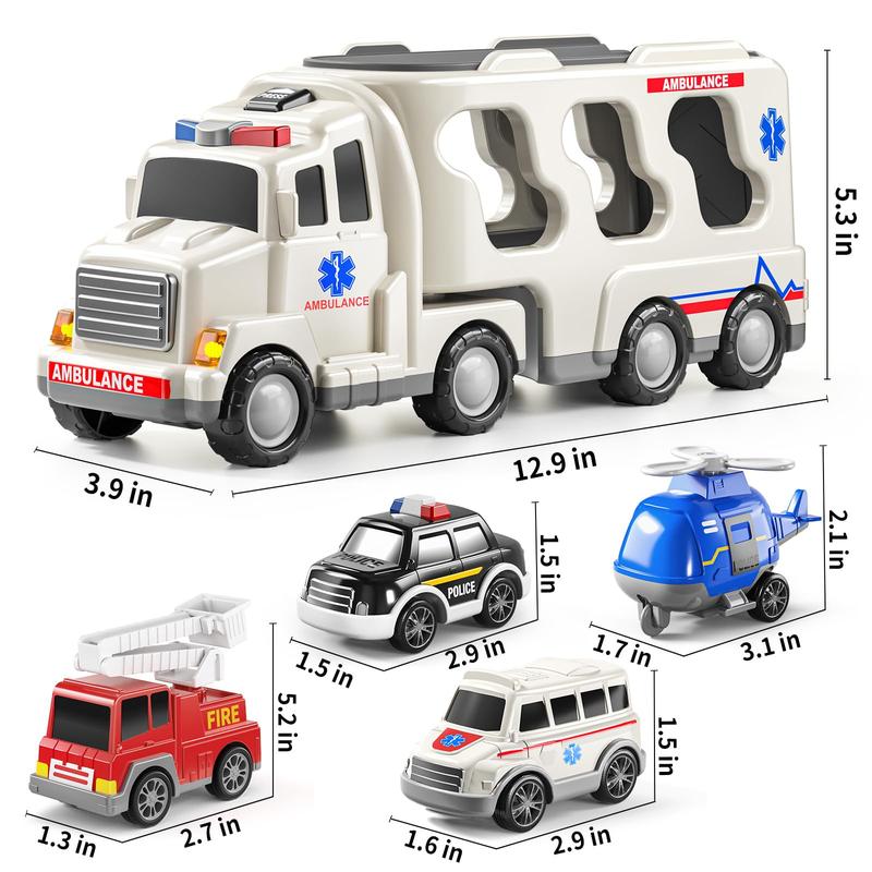 5 Pack Emergency Rescue Vehicle Truck Toys , Friction Power Cars with Rescue Helicopter, Police Car, Fire Truck, Ambulance Car, Birthday Gifts