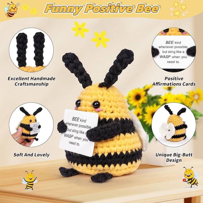 2pcs Funny Positive Bee Mini Crochet Plush Bee with Positive Affirmation Card