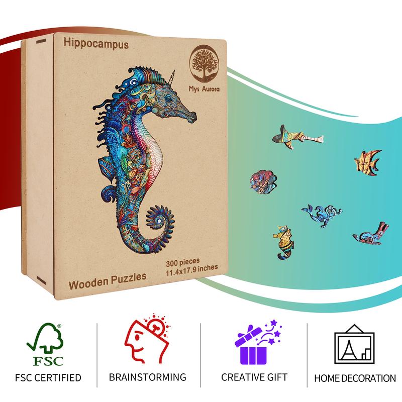 Mys Aurora Wooden Jigsaw Puzzle Seahorse 200 300 Pcs Unique Shape Wood Box Packing Creative Gift for Adults and Kids Boys Girls Fun Challenging Family Game for Parents Grandparents Brainstorm