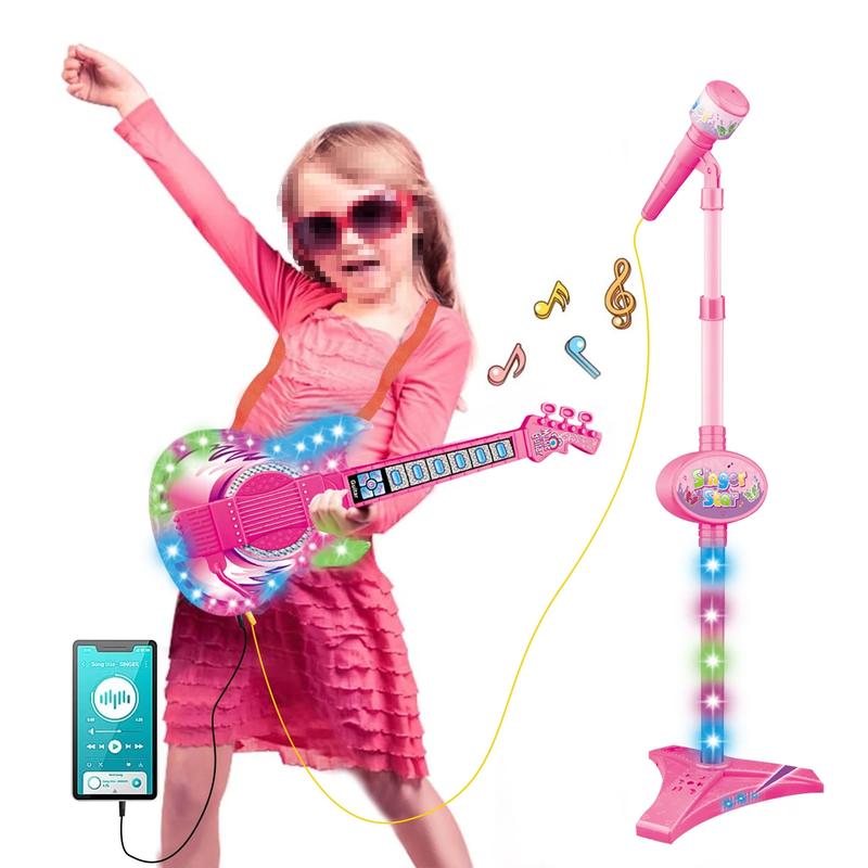 Fun Musical Toy for Kids 3 4 5 6 7 Years, Lightweight Pretend Play Microphone Guitar Instrument Toys, Birthday Gifts for Girls 3-7