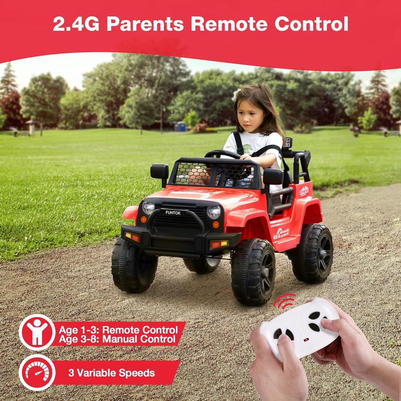 FUNTOK 12V Electric Ride On Car Jeep with Remote Control, LED Lights, Horn, Radio, USB AUX MP3 Music Play, Opening Doors & Spring Suspension for Kids Toddlers